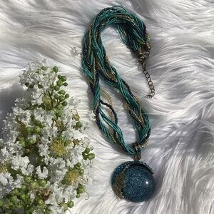 Bohemian Twist Beaded Fabric Blue Rhinestone Orb Pendant Necklace